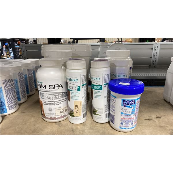 11 BUCKETS/BOTTLES OF SPA/POOL CHEMICALS; MINERALUXE CUBE, SPABOSS PH DOWN, CAPO X-IT AND MORE