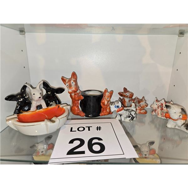 JAPANESE CERAMIC DOG ASHTRAY AND FIGURINES LOT OF 7
