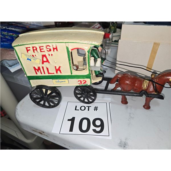 VINTAGE CAST METAL HORSE-DRAWN MILK WAGON MODEL