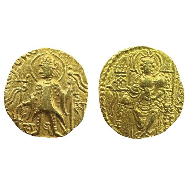 Kushanas, Vasudeva III, Gold Dinar, 7.70g, King standing facing left, holding a trident in the right