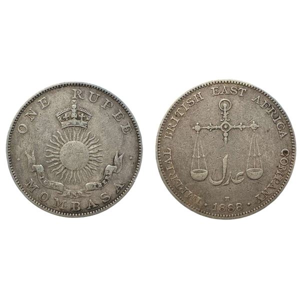 Foreign: Mombasa, Silver Rupee, 1888 AD H mintmark, obv. Crowned sun above ribbon and value around, 
