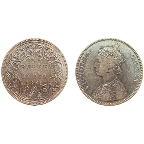 British  India Victoria Empress, Silver Rupee, 1862, 10 Dot Variety. Fine+.