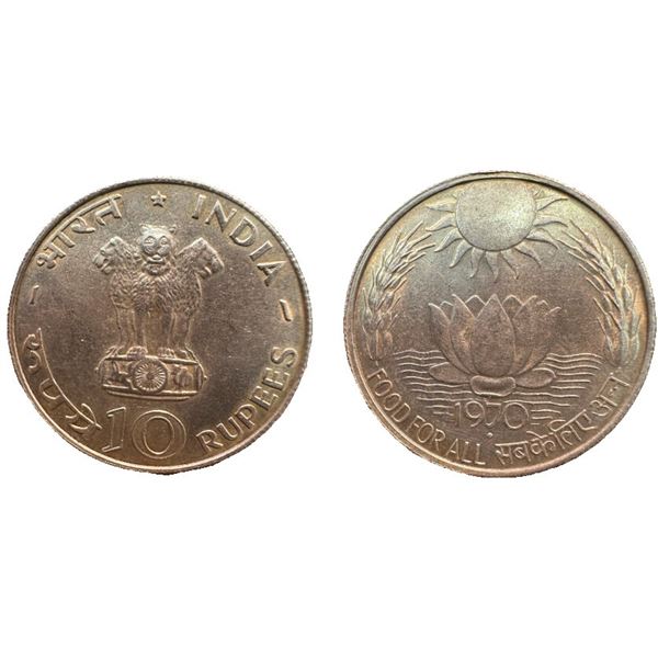 Republic India: Silver Rupees 10, 1970, Bombay Mint, Food for All (KM 186). Extreamly fine.