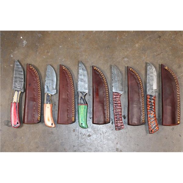 (5) Fixed Blade Damascus Steel KNIVES with Leather Sheaths