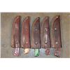 Image 3 : (5) Fixed Blade Damascus Steel KNIVES with Leather Sheaths