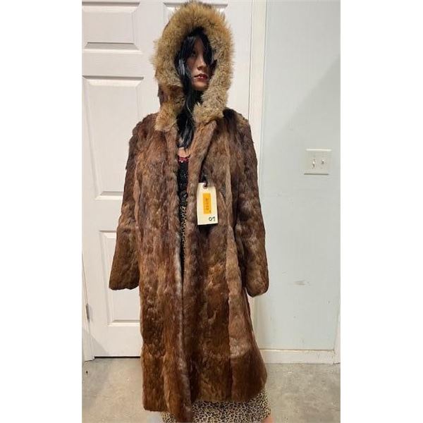 RABBIT Fur Coat with COYOTE Trim on the Hood, Size Medium