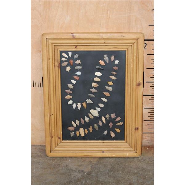 (62) Ancient Prehistoric Flint Arrow Points in a Wood Frame with No Glass