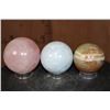 Image 1 : 3 Mineral Spheres. (1) ROSE QUARTZ, (1) BLUE CELESTITE, and (1) GREEN BANDED ONYX