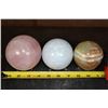 Image 2 : 3 Mineral Spheres. (1) ROSE QUARTZ, (1) BLUE CELESTITE, and (1) GREEN BANDED ONYX