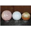 Image 3 : 3 Mineral Spheres. (1) ROSE QUARTZ, (1) BLUE CELESTITE, and (1) GREEN BANDED ONYX