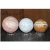 Image 4 : 3 Mineral Spheres. (1) ROSE QUARTZ, (1) BLUE CELESTITE, and (1) GREEN BANDED ONYX