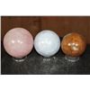 Image 6 : 3 Mineral Spheres. (1) ROSE QUARTZ, (1) BLUE CELESTITE, and (1) GREEN BANDED ONYX