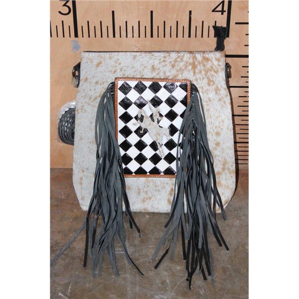 *Brand New* Black and White Checkered 100% Leather COWHIDE BAG with Fringe