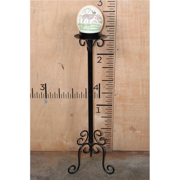 Scrimshawed OSTRICH Egg by African Artist "NQO" displayed on a Tall Metal Stand
