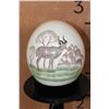 Image 2 : Scrimshawed OSTRICH Egg by African Artist "NQO" displayed on a Tall Metal Stand