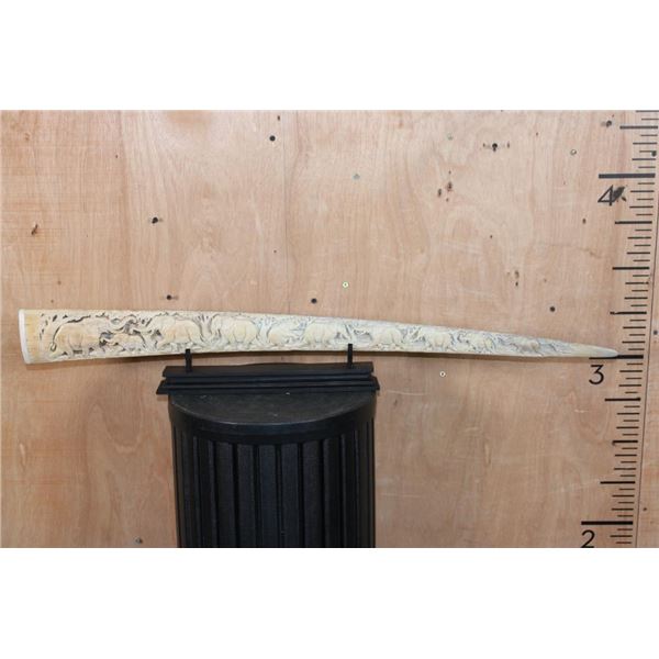 Hand-carved SWORDFISH ROSTRUM with Scrimshawed Elephants on a Custom Stand