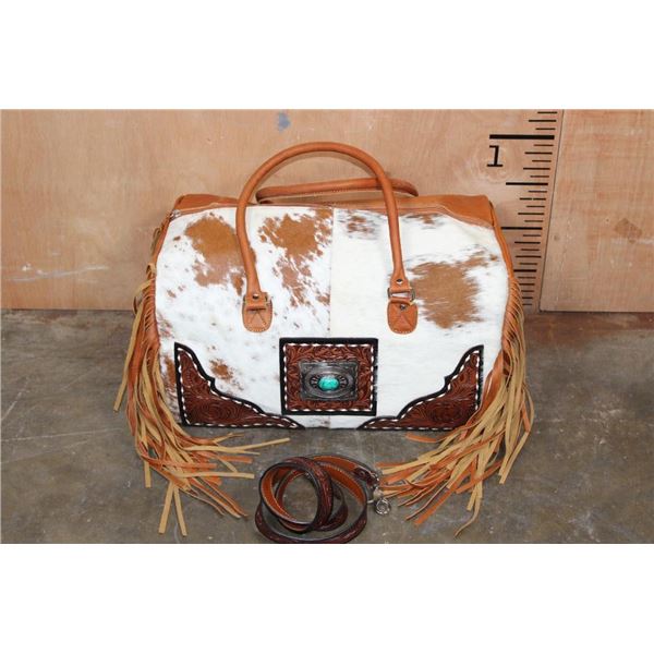 *Brand New* Brown and White Cowhide Leather DUFFLE BAG or Luggage with Fringe