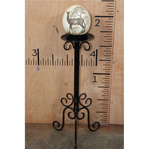 Scrimshawed OSTRICH EGG  by African artist "J. Nkosi" displayed on a Metal Stand
