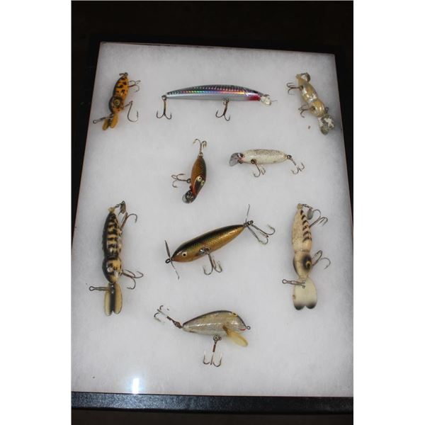(3) Antique Wood FISHING LURES with (6) Old FISHING LURES in a Display Case