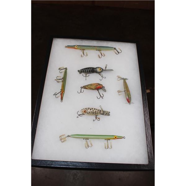 (7) Wood FISHING LURES from the 1920s-1950s in a Display Case