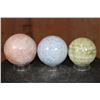 Image 1 : 3 Mineral Spheres. (1) ROSE QUARTZ, (1) BLUE CELESTITE, and (1) GREEN BANDED ONYX