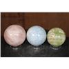 Image 3 : 3 Mineral Spheres. (1) ROSE QUARTZ, (1) BLUE CELESTITE, and (1) GREEN BANDED ONYX
