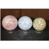 Image 4 : 3 Mineral Spheres. (1) ROSE QUARTZ, (1) BLUE CELESTITE, and (1) GREEN BANDED ONYX