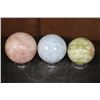 Image 5 : 3 Mineral Spheres. (1) ROSE QUARTZ, (1) BLUE CELESTITE, and (1) GREEN BANDED ONYX