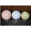 Image 6 : 3 Mineral Spheres. (1) ROSE QUARTZ, (1) BLUE CELESTITE, and (1) GREEN BANDED ONYX