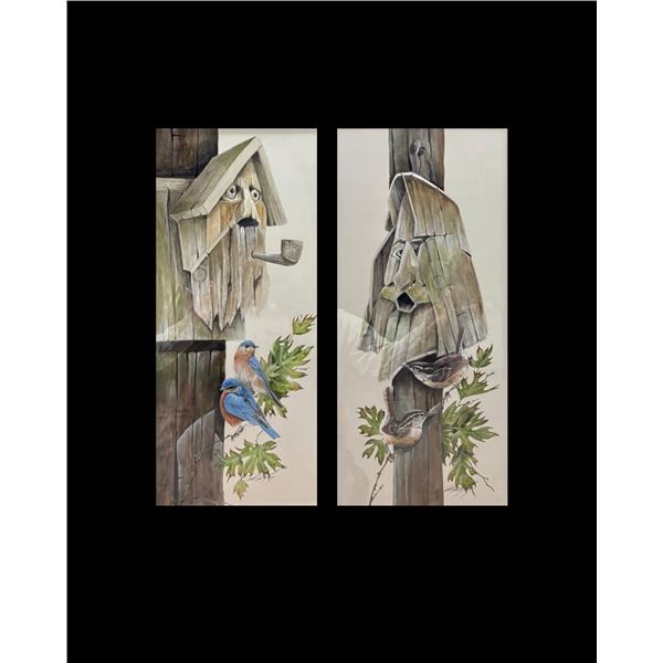 Pair of Original Paintings of Carolina Wrens and Eastern Bluebirds by Art LaMay