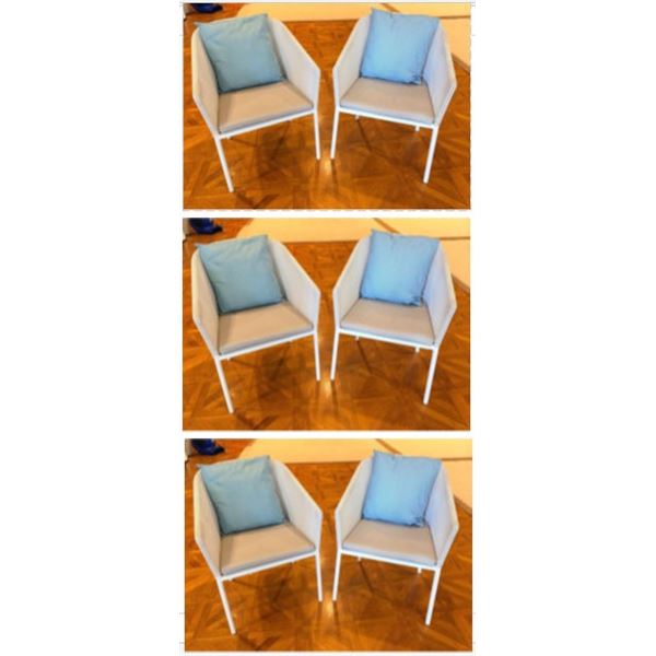 Qty 6 Kettal Outdoor Powder-Coated Aluminum Mesh Chairs 23"x23"x32"H w/ Seat & Blue Back Cushions