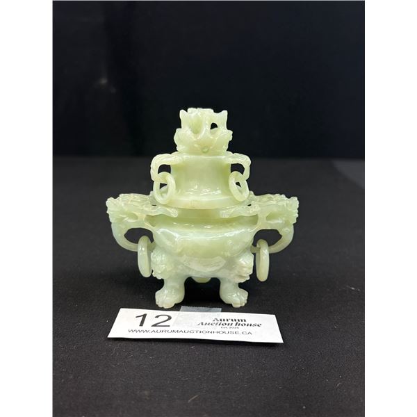 Vintage Chinese Light Green Jade Foo Dog Incense Burner w/ Lid