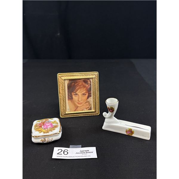 Vintage Signed Napier Photo Frame, Limoges France Trinket Box and Pen Holder