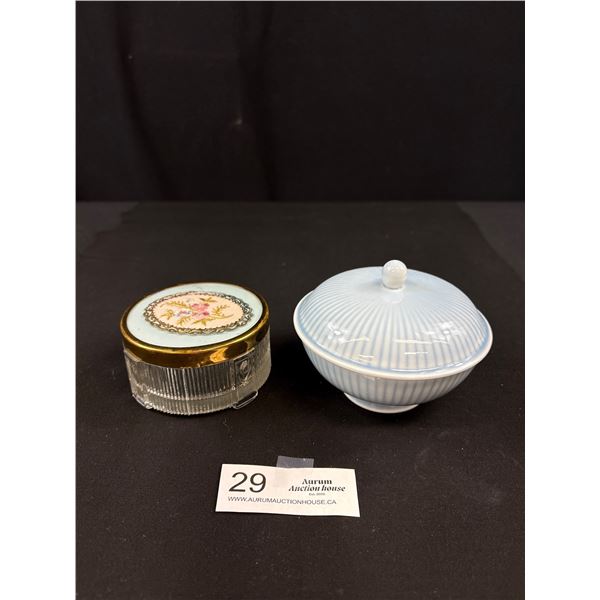 2 Vintage Glass and Porcelain Powder Vanity Boxes