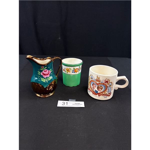 Beautiful Vintage Handpainted Wade Jug, Antique Cup and Charles and Diana 1981 Souvenir Cup