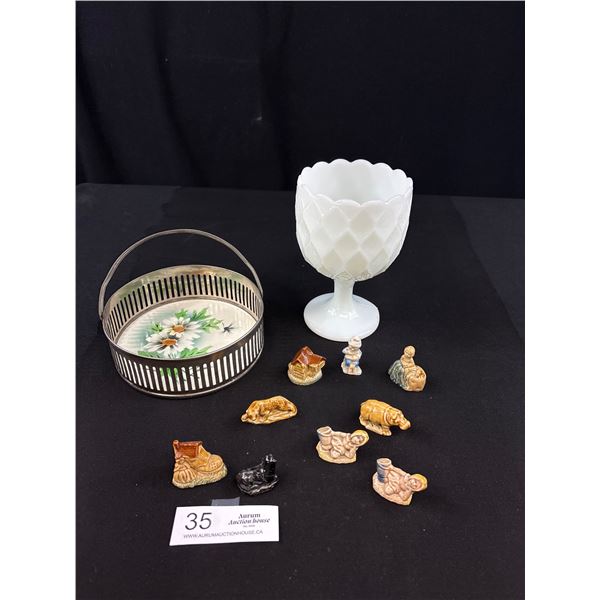 Vintage Milk Glass Vase, Red Rose Tea Whimseys and Handled Tray