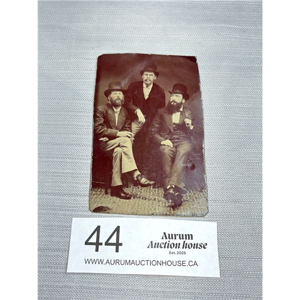 A Very Good Tin Type Photo of 3 Men All Smoking Cigars Circa 1890-1900