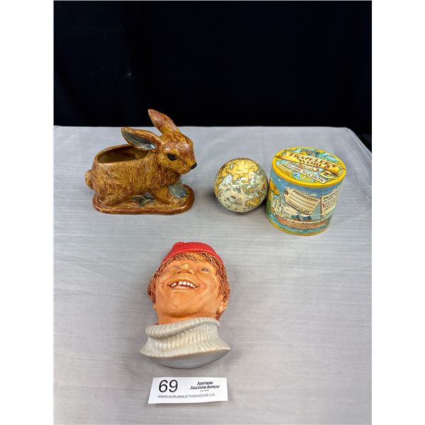 1985 Signed Wall Plaque, Bunny Planter and Globe In a Box