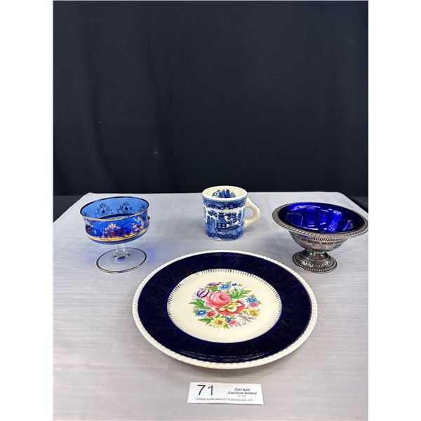 Vintage Birks Silverplate w/Cobalt Glass Liner, Cobalt Decorated Plate, Cobalt Footed Glass and Flow