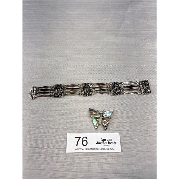 Vintage Mexican Silver Panel Link Bracelet and Silver w/Abalone Butterfly Brooch