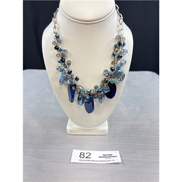 Designer Aquamarine, Blue Quartz, Chalcedony and Crystal Facted Beads w/ Silver Link Chain