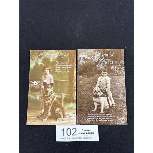 2 Early 1900's Postcards Dogs + Children