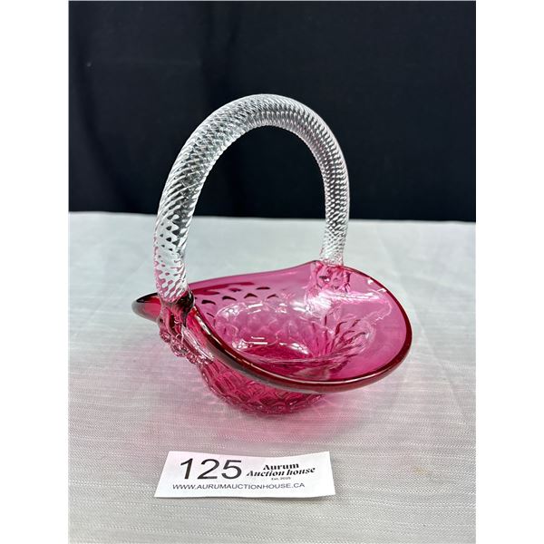 Pretty Vintage Cranberry Glass Basket w/ Criss Cross Pattern & Clear Applied Handle