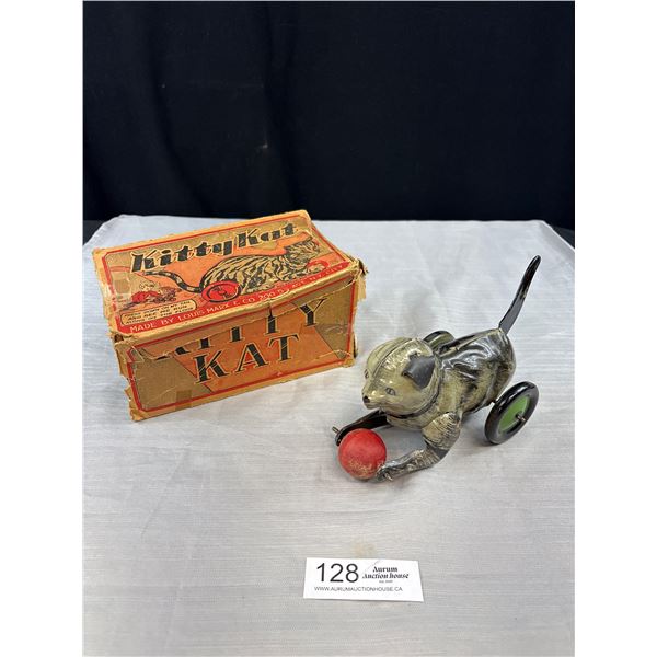 Antique Kitty Kat Friction Tin Cat In Excellent Condition, Box is Rough