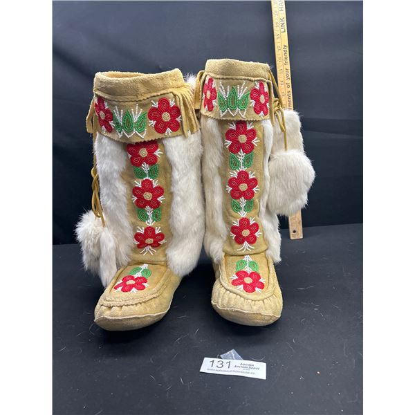A Pair of Vintage Indigenous First Nations Leather Fur Mukluk Boots w/ Red and Floral Bead Work 14" 