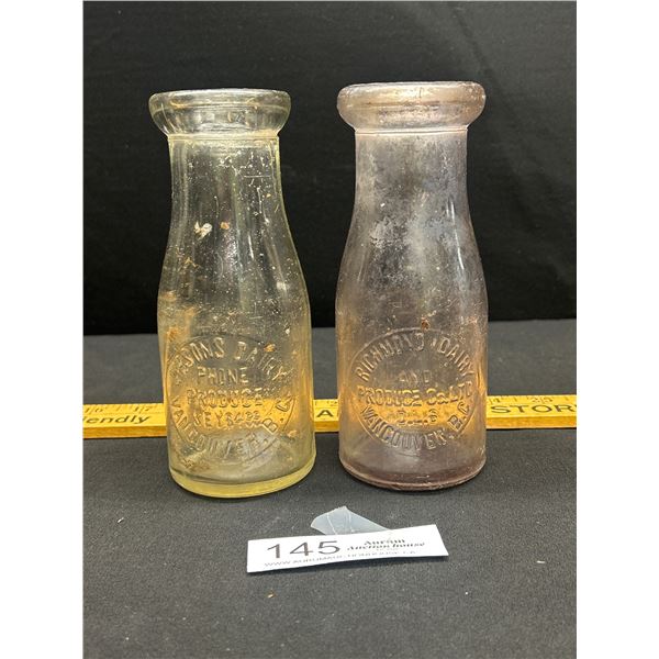 2 Early Embossed Vancouver Milk Bottles Gipson's Dairy and Richmond Dairy