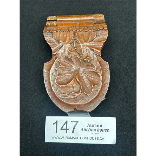 Very Old Wooden Hand Carved Pocket Watch Holder Hinge Missing Piece of Wood