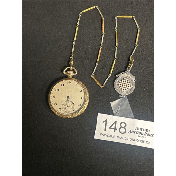 Antique Gold Filled Elgin Pocket Watch w/ Chain and Sterling Silver BC Federeration Charm