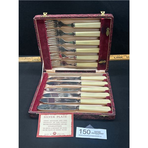 Vintage Cased Set of Silver Plated Fish Knives and Forks with Faux Bone Handles Made in England