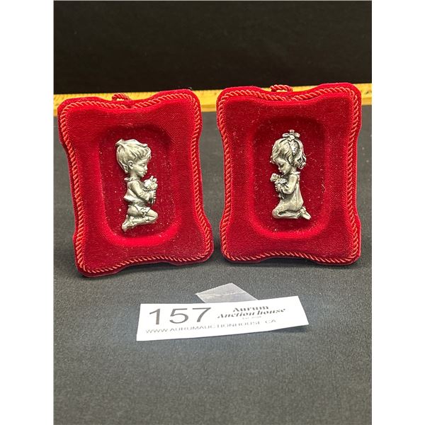 Pair of Vintage 1940's Italian Pewter Plaques Praying Boy and Girl